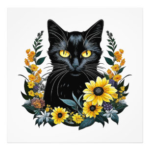 black cat with flowers photo print