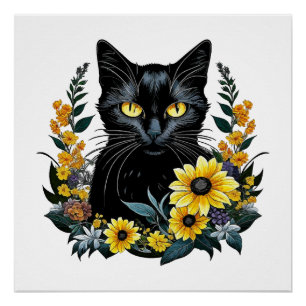 black cat with flowers poster