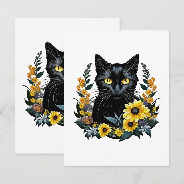 black cat with flowers RSVP card (Front/Back)