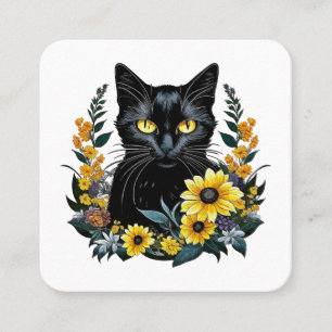 black cat with flowers square business card