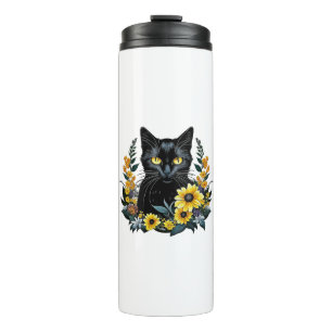 black cat with flowers thermal tumbler