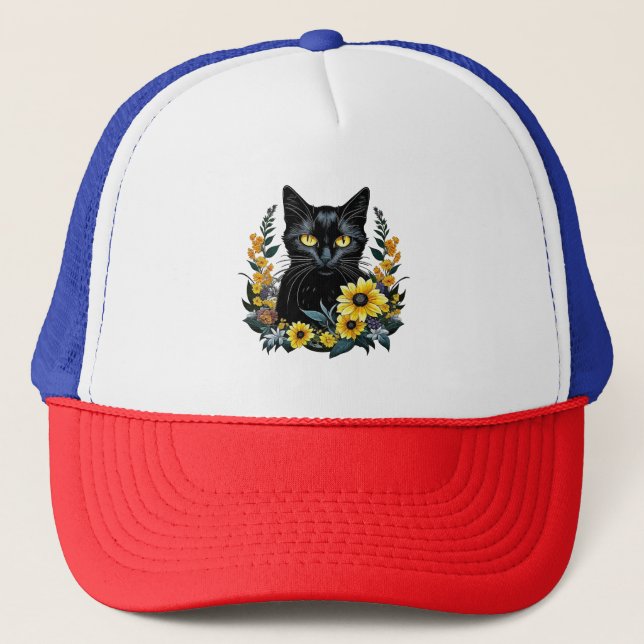 black cat with flowers trucker hat (Front)