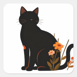 Black cat with flowery background square sticker