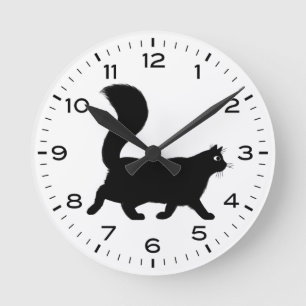 Black Cat with Fluffy Tail Round Clock