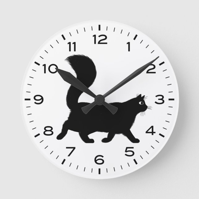 Black Cat with Fluffy Tail Round Clock (Front)