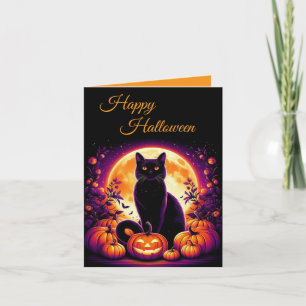 Black Cat with Full Moon Halloween Greeting Card