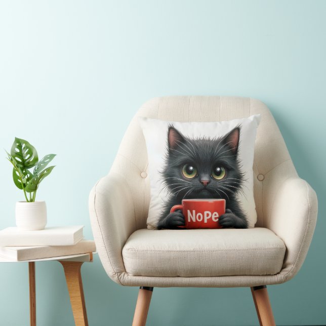Black Cat With Fun Coffee Mug Cushion (Chair)
