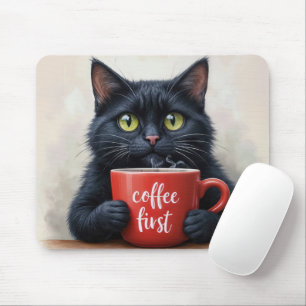 Black Cat With Fun Coffee Mug Quote Mouse Pad