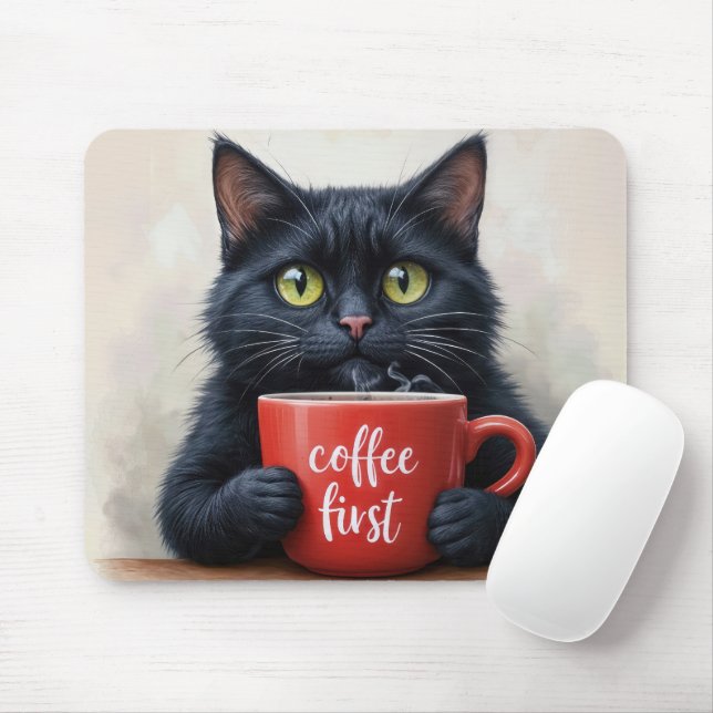 Black Cat With Fun Coffee Mug Quote Mouse Pad (With Mouse)