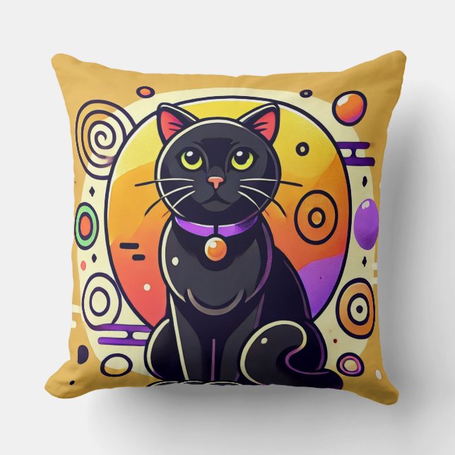 Black Cat With Geometric Patterns Cushion (Front)