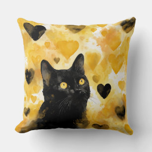 Black Cat with Gold and Black Hearts Cushion
