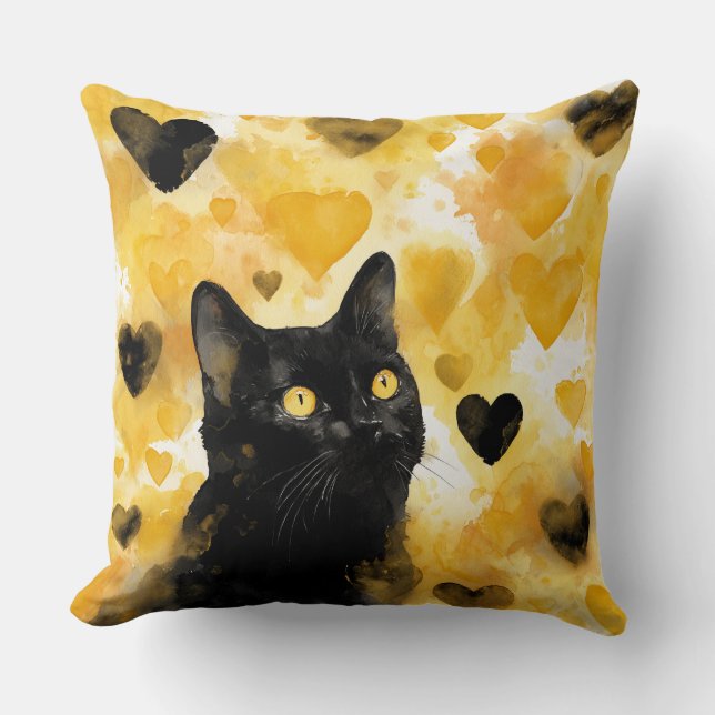 Black Cat with Gold and Black Hearts Cushion (Front)