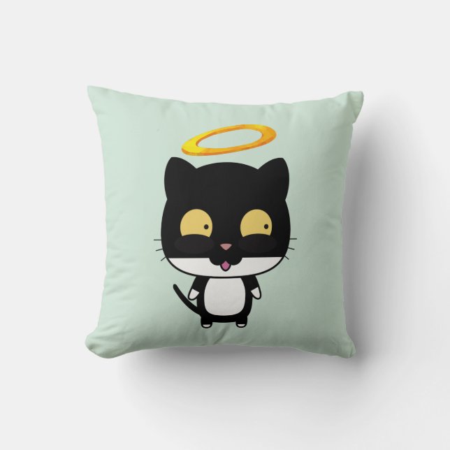 Black Cat With Golden Halo Cute Angel Cushion (Front)