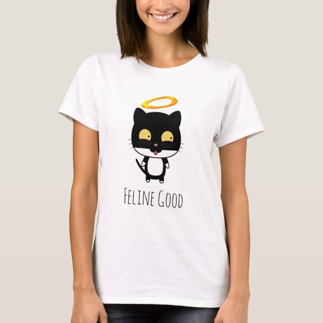 Black Cat With Golden Halo Cute Angel Feline Good T-Shirt (Front)