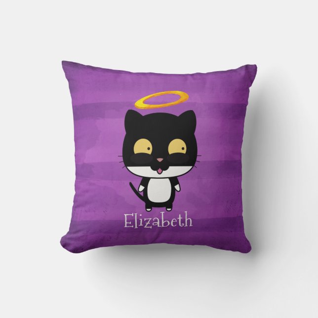 Black Cat With Golden Halo Cute Angel Personalised Cushion (Front)