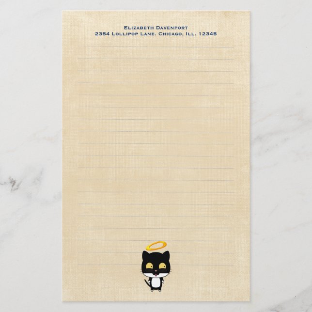 Black Cat With Golden Halo Cute Angel Personalised Stationery (Front)