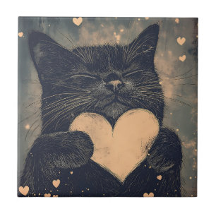 Black Cat with Golden Heart - Cat's Cosy Love Ceramic Tile