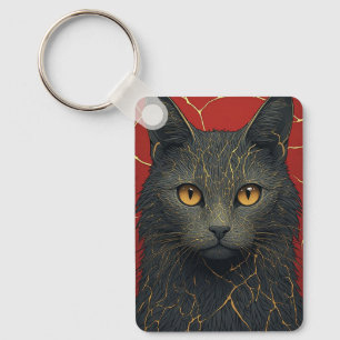 Black Cat With Golden Kintsugi Cracks Accent ✨ Key Ring