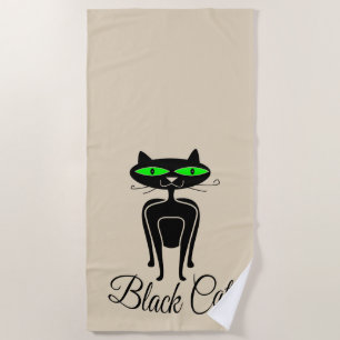 Black cat with green eyes beach towel