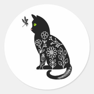 Black cat with green eyes classic round sticker