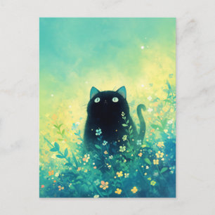 Black Cat with Green Eyes in Wildflower Meadow Postcard
