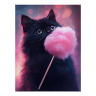 Black cat with green eyes is holding cotton candy poster
