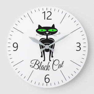 Black cat with green eyes large clock