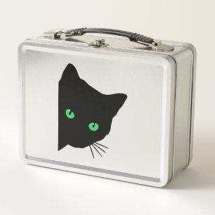 black cat with green eyes   metal lunch box