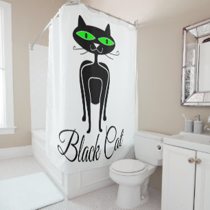 Black cat with green eyes shower curtain