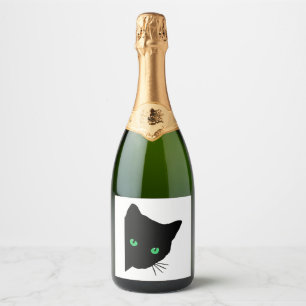 black cat with green eyes   sparkling wine label