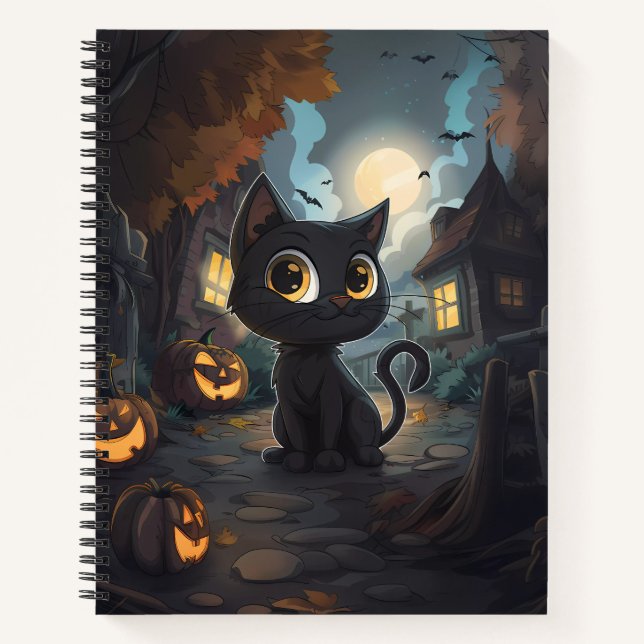 Black Cat with Halloween Jack-o-Lanterns Notebook (Front)
