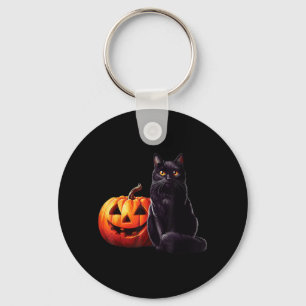 Black Cat With Halloween Pumpkin Key Ring