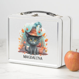 Black Cat With Hat Custom Name Halloween Metal Lunch Box