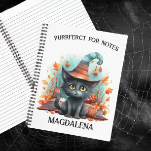 Black Cat With Hat Custom Name Halloween Notebook