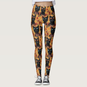 Black Cat With Heart Roses Valentine's Day  Leggings