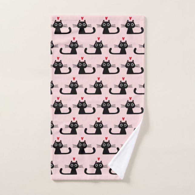 Black Cat with Hearts | Cute Patterned  Hand Towel (Hand Towel)