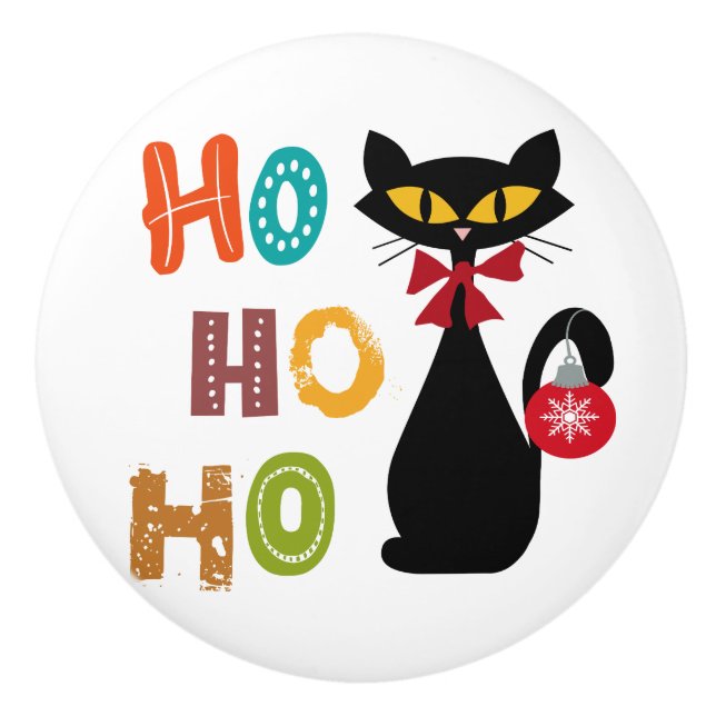 Black cat with Ho Ho Ho text design Ceramic Knob (Front)
