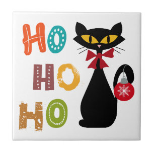 Black cat with Ho Ho Ho text design Ceramic Tile