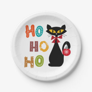 Black cat with Ho Ho Ho text design Paper Plate