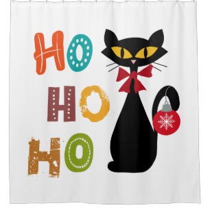 Black cat with Ho Ho Ho text design Shower Curtain