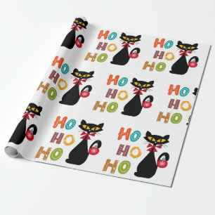 Black cat with Ho Ho Ho text design Wrapping Paper