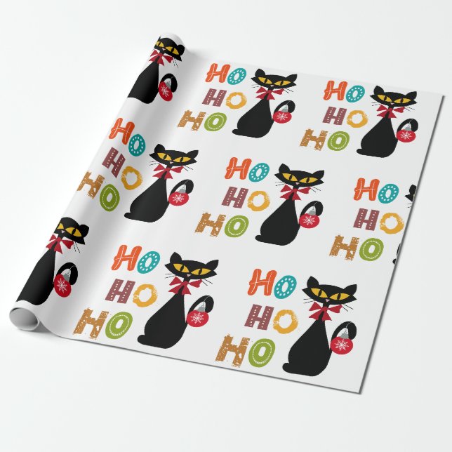 Black cat with Ho Ho Ho text design Wrapping Paper (Unrolled)