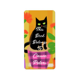 Black Cat With Houseplants This Book Belongs To Label