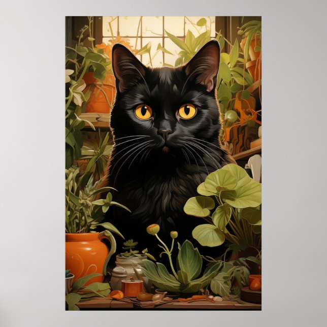 Black Cat With Housesplants Poster (Front)