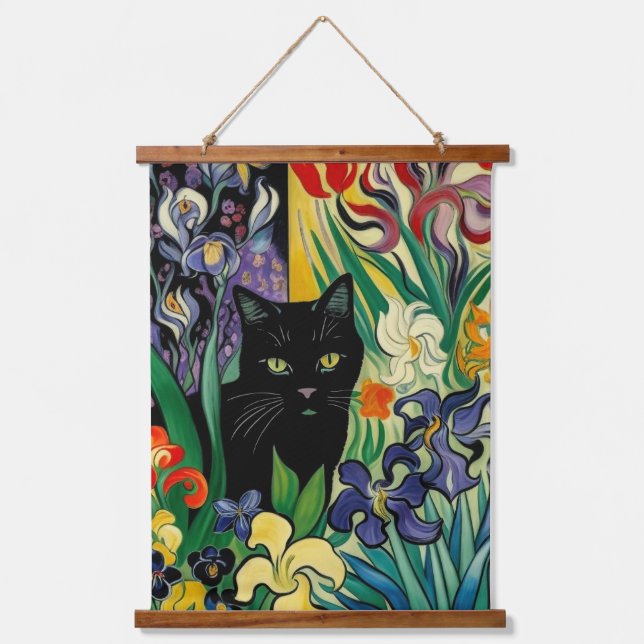 Black Cat With Irises Hanging Tapestry (Front)