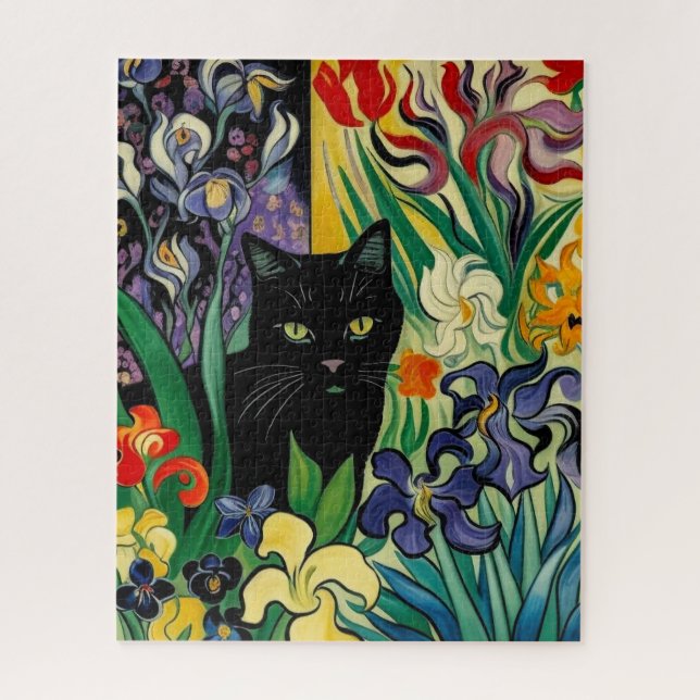 Black Cat With Irises Jigsaw Puzzle (Vertical)