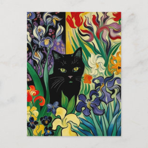 Black Cat With Irises Postcard