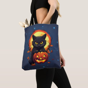 Black Cat with Jack-O' Lantern Halloween Tote Bag