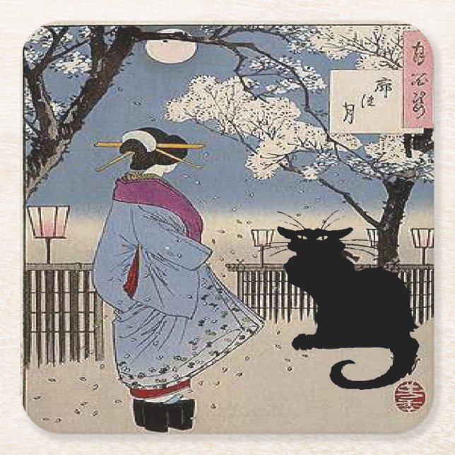 Black Cat With Japanese Lady Drink Coaster (Front)