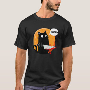Black Cat with Knife What Cats Pun Funny Halloween T-Shirt